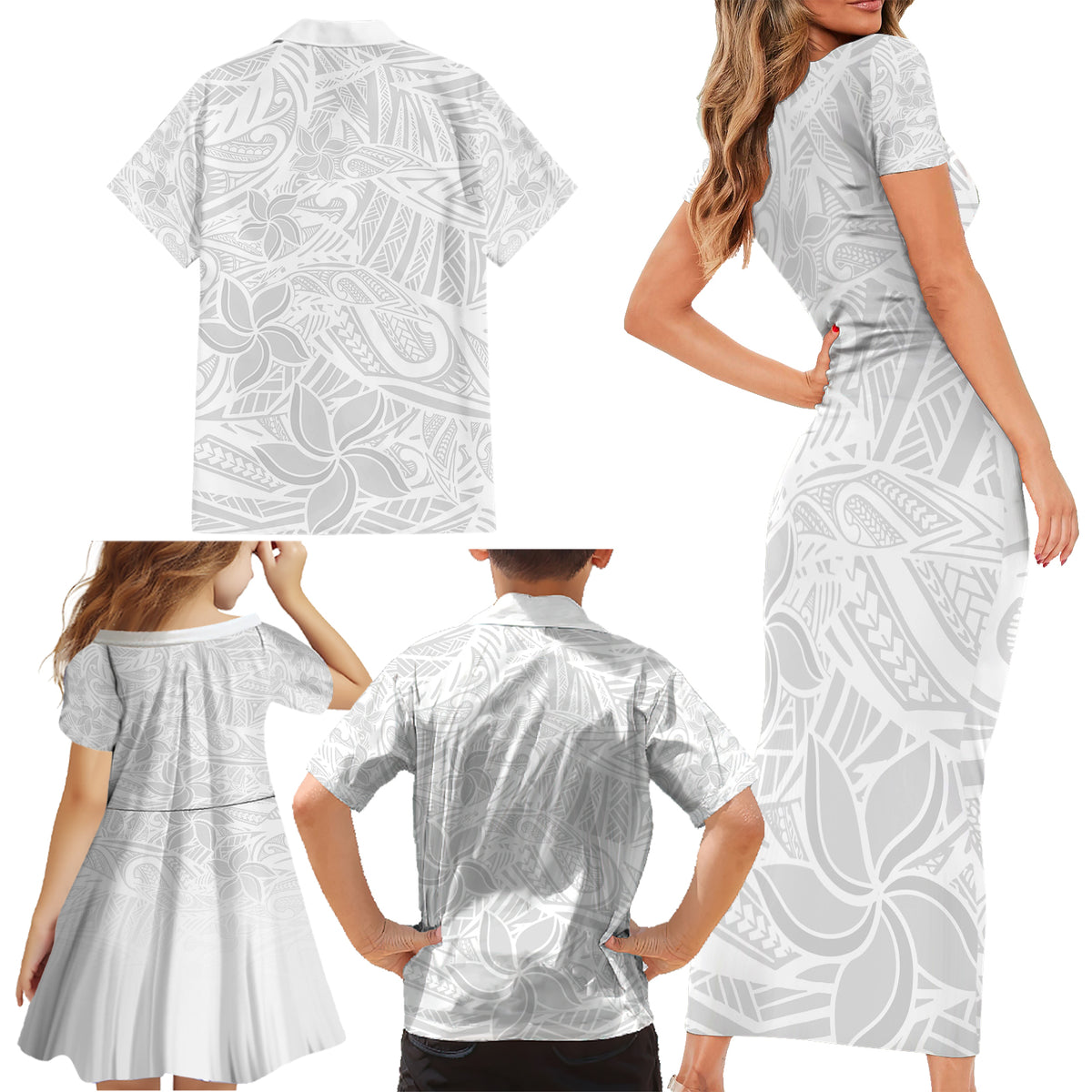 Polynesia White Sunday Family Matching Short Sleeve Bodycon Dress and Hawaiian Shirt Polynesian Pattern With Tropical Flowers LT14 - Polynesian Pride