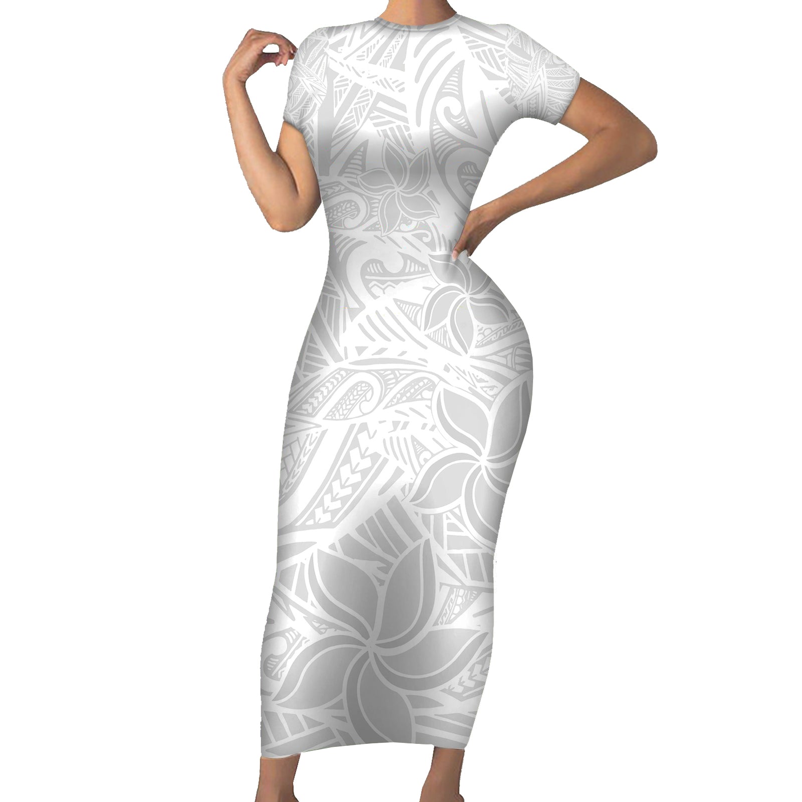 Polynesia White Sunday Short Sleeve Bodycon Dress Polynesian Pattern With Tropical Flowers LT14 Long Dress White - Polynesian Pride