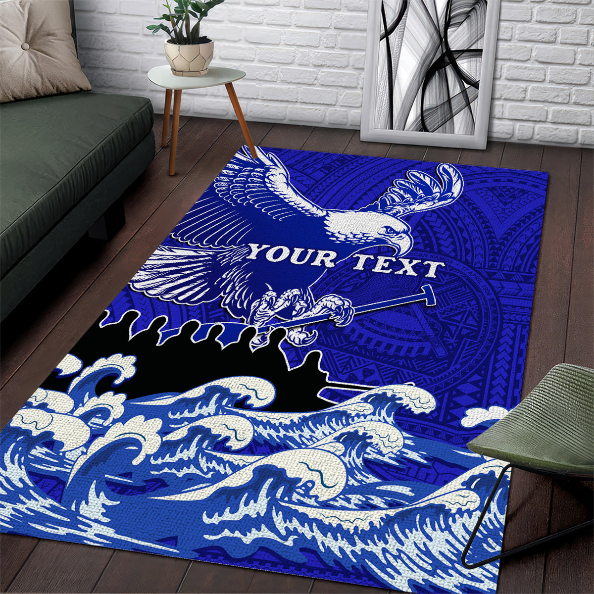 Personalised American Samoa Fautasi Race Area Rug Eagle With Polynesian Pattern LT14 Blue - Polynesian Pride