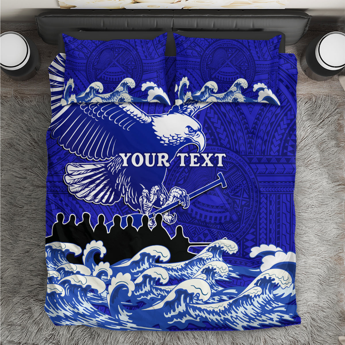 Personalised American Samoa Fautasi Race Bedding Set Eagle With Polynesian Pattern LT14 Blue - Polynesian Pride