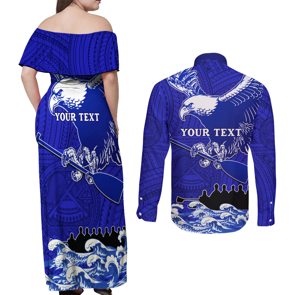 Personalised American Samoa Fautasi Race Couples Matching Off Shoulder Maxi Dress and Long Sleeve Button Shirts Eagle With Polynesian Pattern LT14 - Polynesian Pride