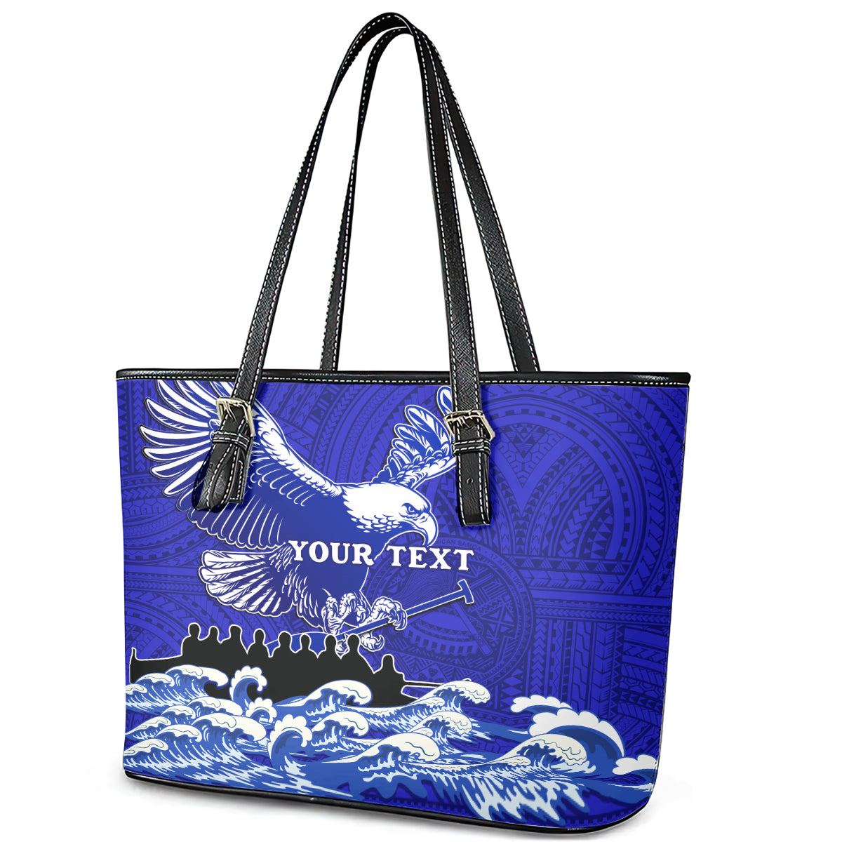 Personalised American Samoa Fautasi Race Leather Tote Bag Eagle With Polynesian Pattern LT14 - Polynesian Pride