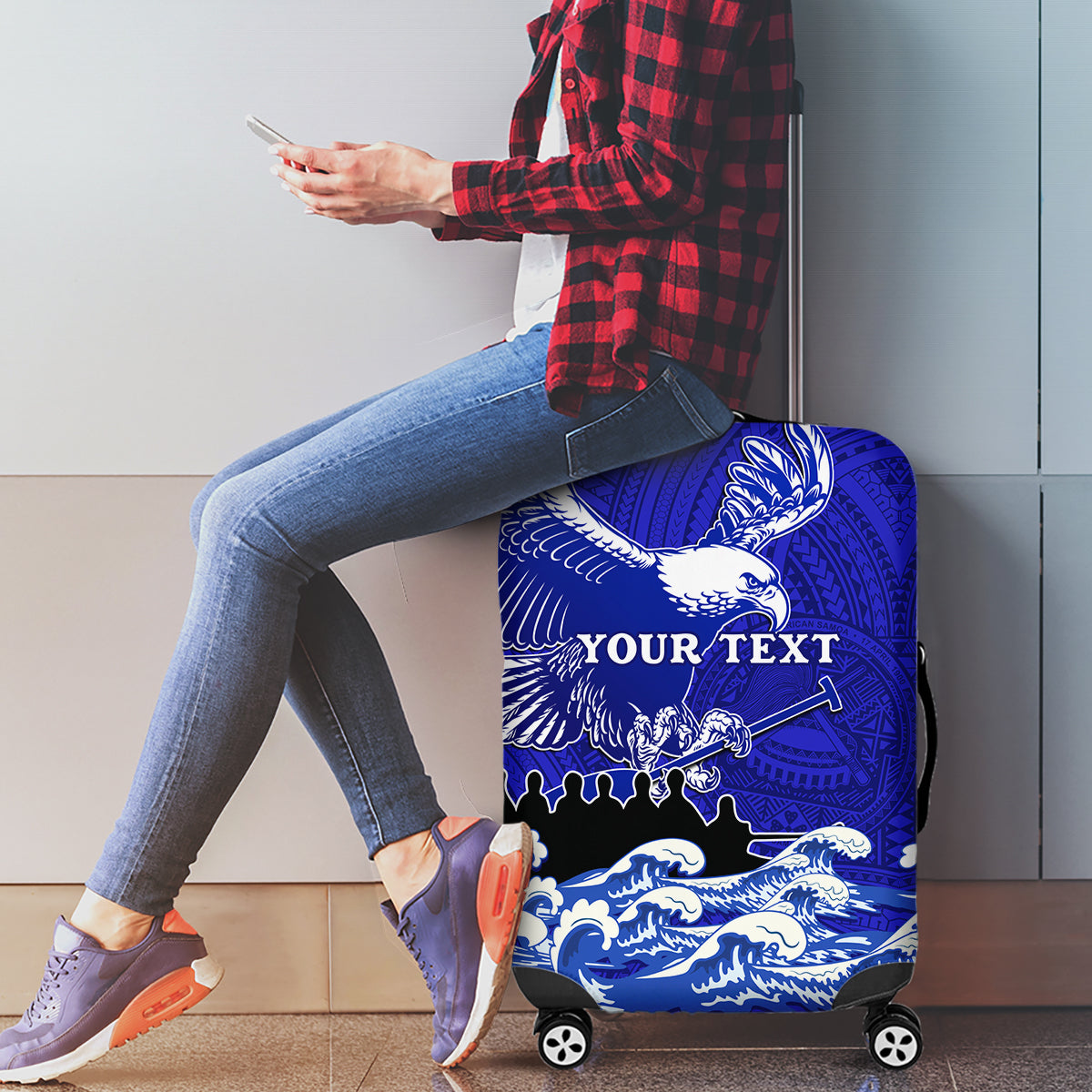 Personalised American Samoa Fautasi Race Luggage Cover Eagle With Polynesian Pattern LT14 - Polynesian Pride