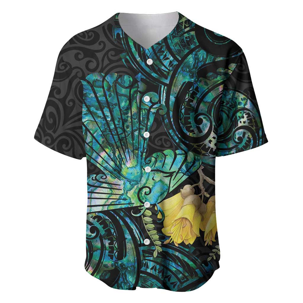 New Zealand Fantail Bird Baseball Jersey Maori Piwakawaka Kowhai - Paua Shell Pattern LT14 Green - Polynesian Pride