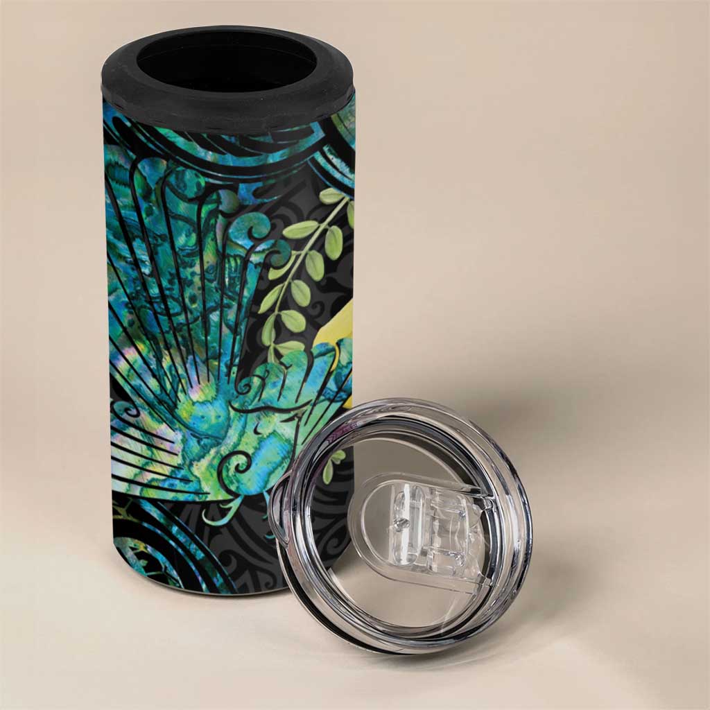 New Zealand Fantail Bird 4 in 1 Can Cooler Tumbler Maori Piwakawaka Kowhai - Paua Shell Pattern