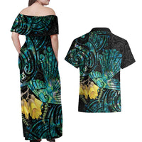New Zealand Fantail Bird Couples Matching Off Shoulder Maxi Dress and Hawaiian Shirt Maori Piwakawaka Kowhai - Paua Shell Pattern LT14 - Polynesian Pride