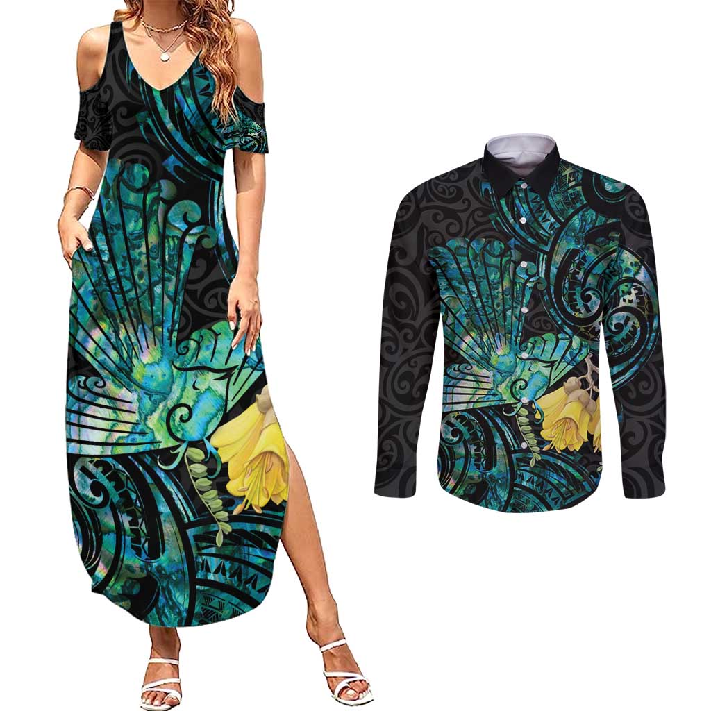 New Zealand Fantail Bird Couples Matching Summer Maxi Dress and Long Sleeve Button Shirt Maori Piwakawaka Kowhai - Paua Shell Pattern