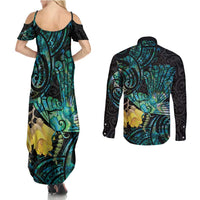 New Zealand Fantail Bird Couples Matching Summer Maxi Dress and Long Sleeve Button Shirt Maori Piwakawaka Kowhai - Paua Shell Pattern