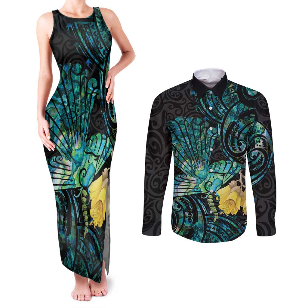 New Zealand Fantail Bird Couples Matching Tank Maxi Dress and Long Sleeve Button Shirt Maori Piwakawaka Kowhai - Paua Shell Pattern