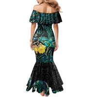 New Zealand Fantail Bird Family Matching Mermaid Dress and Hawaiian Shirt Maori Piwakawaka Kowhai - Paua Shell Pattern