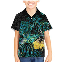New Zealand Fantail Bird Family Matching Mermaid Dress and Hawaiian Shirt Maori Piwakawaka Kowhai - Paua Shell Pattern