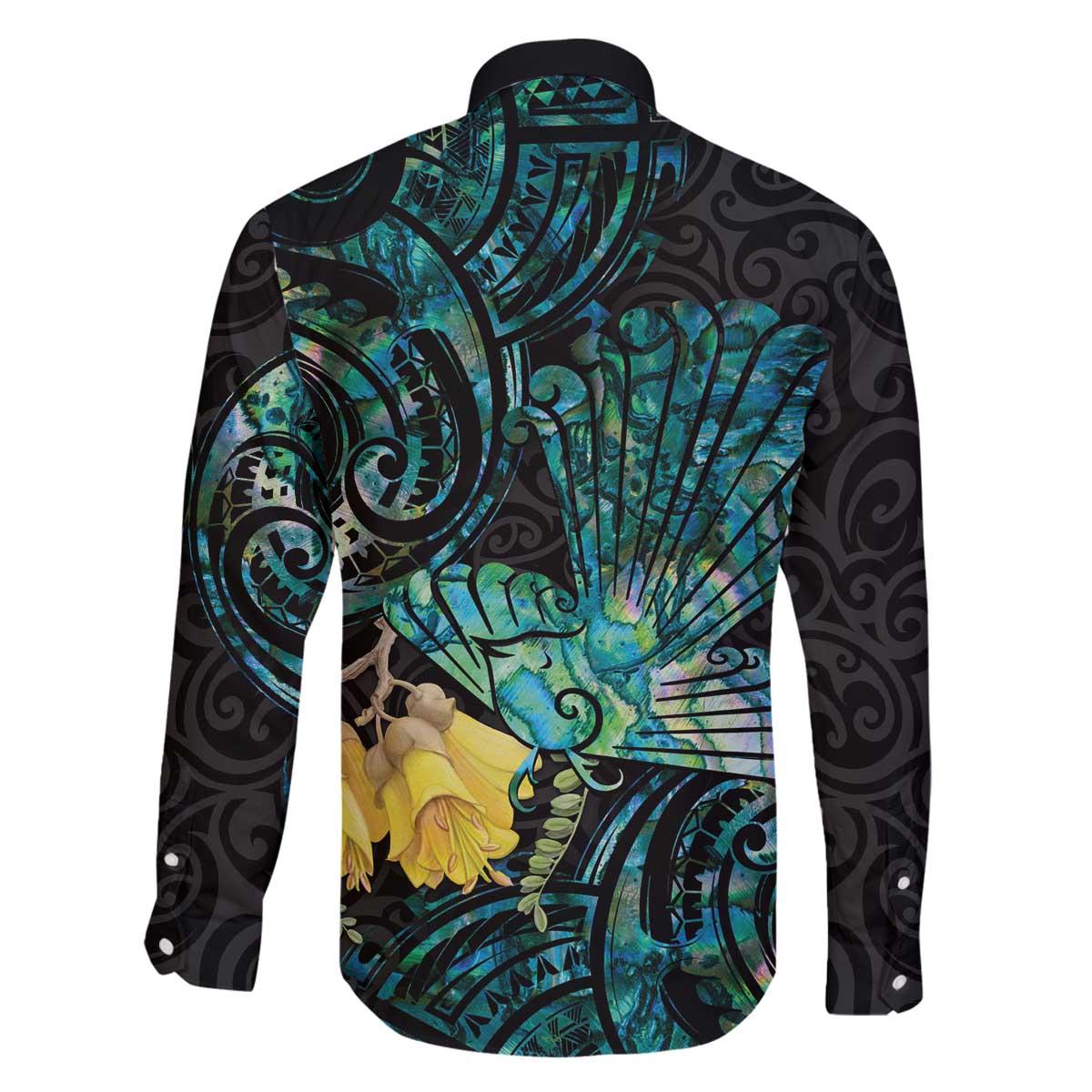 New Zealand Fantail Bird Family Matching Off The Shoulder Long Sleeve Dress and Hawaiian Shirt Maori Piwakawaka Kowhai - Paua Shell Pattern