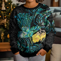 New Zealand Fantail Bird Kid Ugly Christmas Sweater Maori Piwakawaka Kowhai - Paua Shell Pattern LT14 - Polynesian Pride
