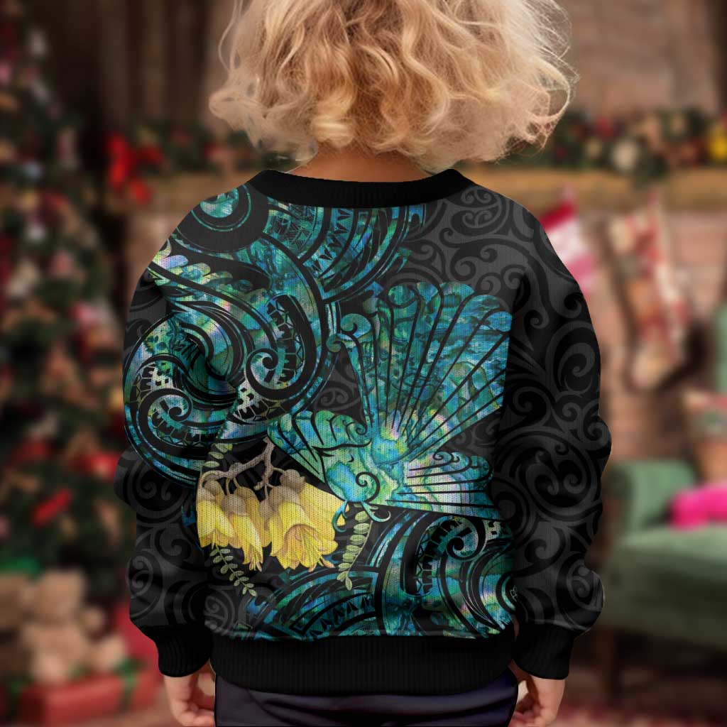 New Zealand Fantail Bird Kid Ugly Christmas Sweater Maori Piwakawaka Kowhai - Paua Shell Pattern LT14 - Polynesian Pride