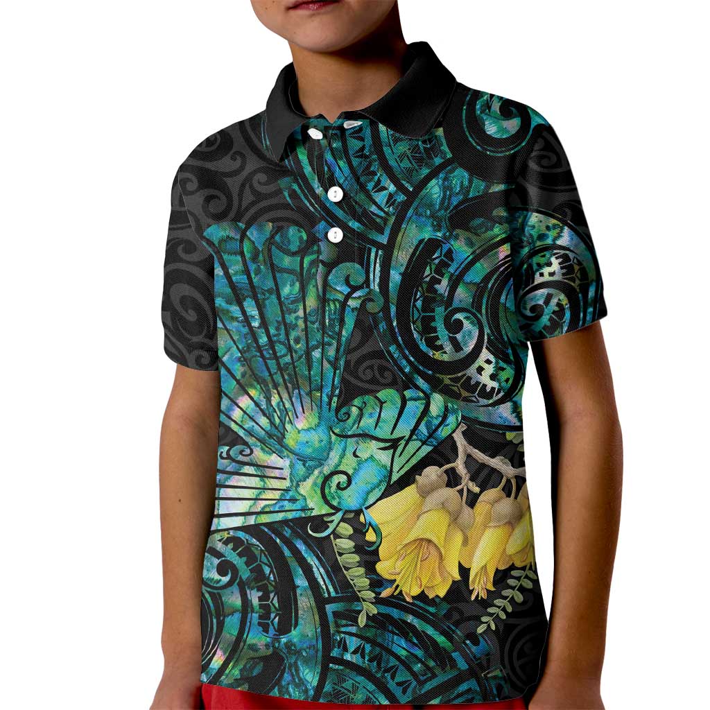 New Zealand Fantail Bird Kid Polo Shirt Maori Piwakawaka Kowhai - Paua Shell Pattern LT14 Kid Green - Polynesian Pride