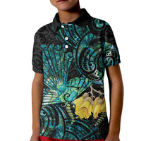 New Zealand Fantail Bird Kid Polo Shirt Maori Piwakawaka Kowhai - Paua Shell Pattern LT14 Kid Green - Polynesian Pride