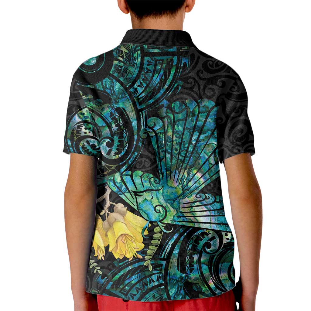 New Zealand Fantail Bird Kid Polo Shirt Maori Piwakawaka Kowhai - Paua Shell Pattern LT14 - Polynesian Pride