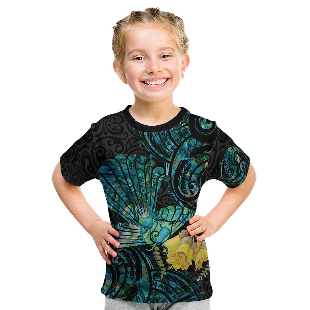 New Zealand Fantail Bird Kid T Shirt Maori Piwakawaka Kowhai - Paua Shell Pattern LT14 Green - Polynesian Pride