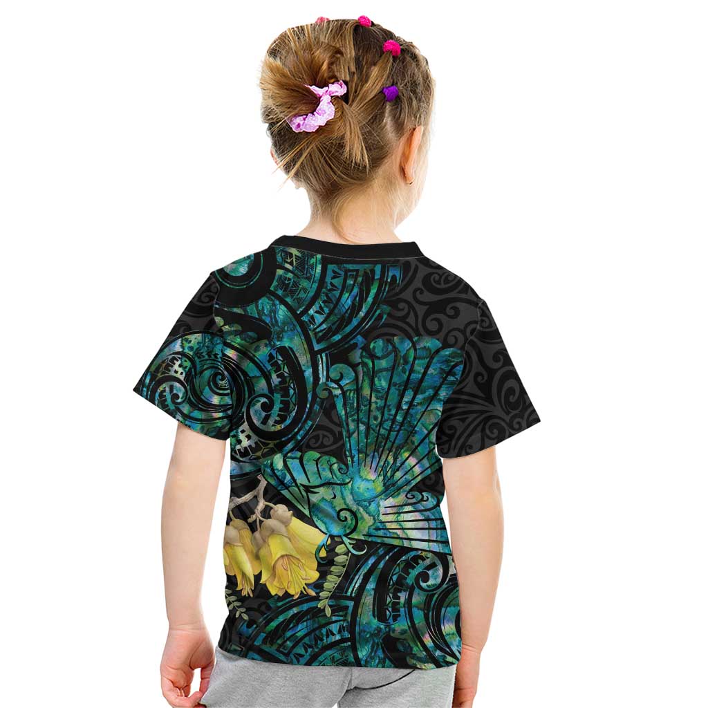 New Zealand Fantail Bird Kid T Shirt Maori Piwakawaka Kowhai - Paua Shell Pattern LT14 - Polynesian Pride