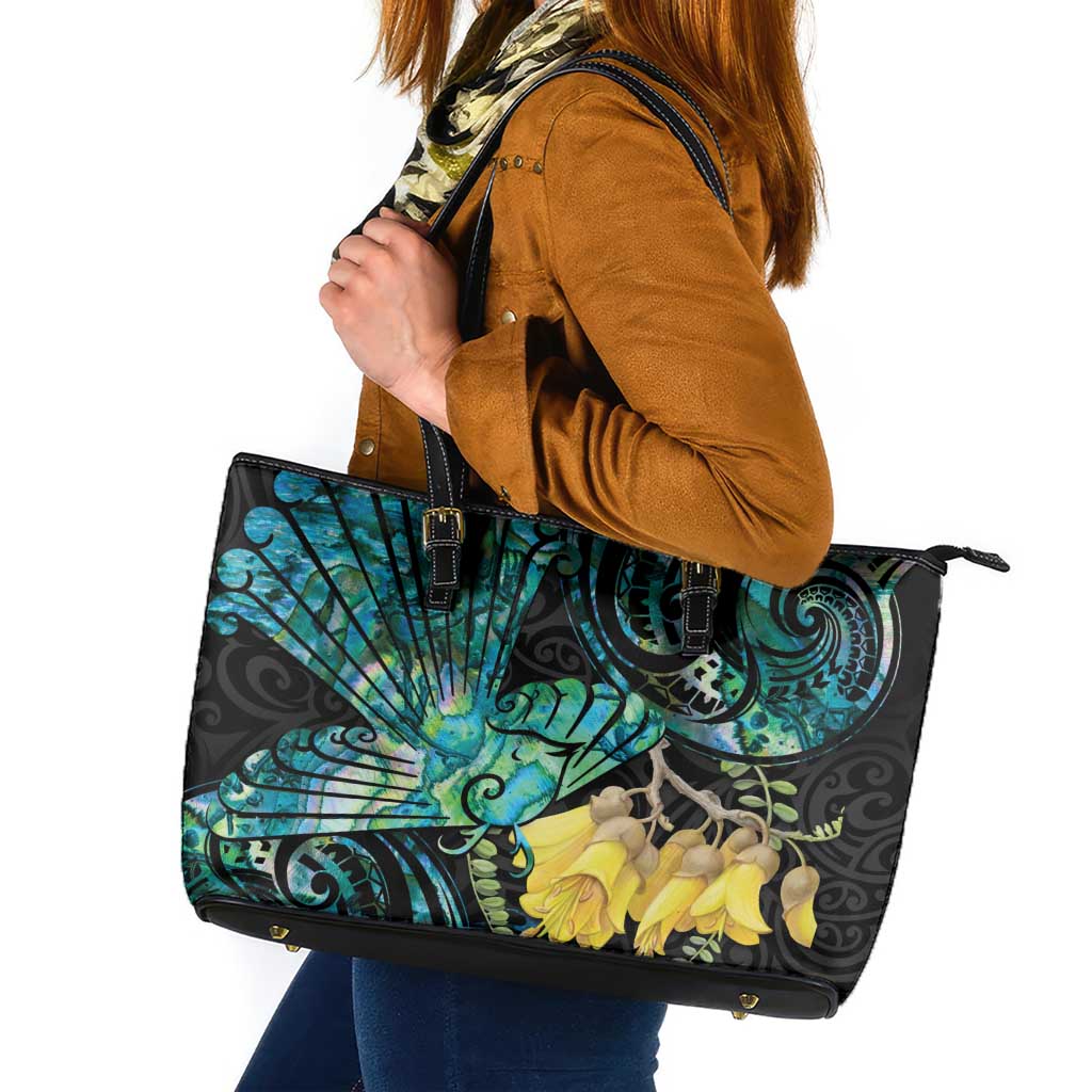 New Zealand Fantail Bird Leather Tote Bag Maori Piwakawaka Kowhai - Paua Shell Pattern LT14 Green - Polynesian Pride