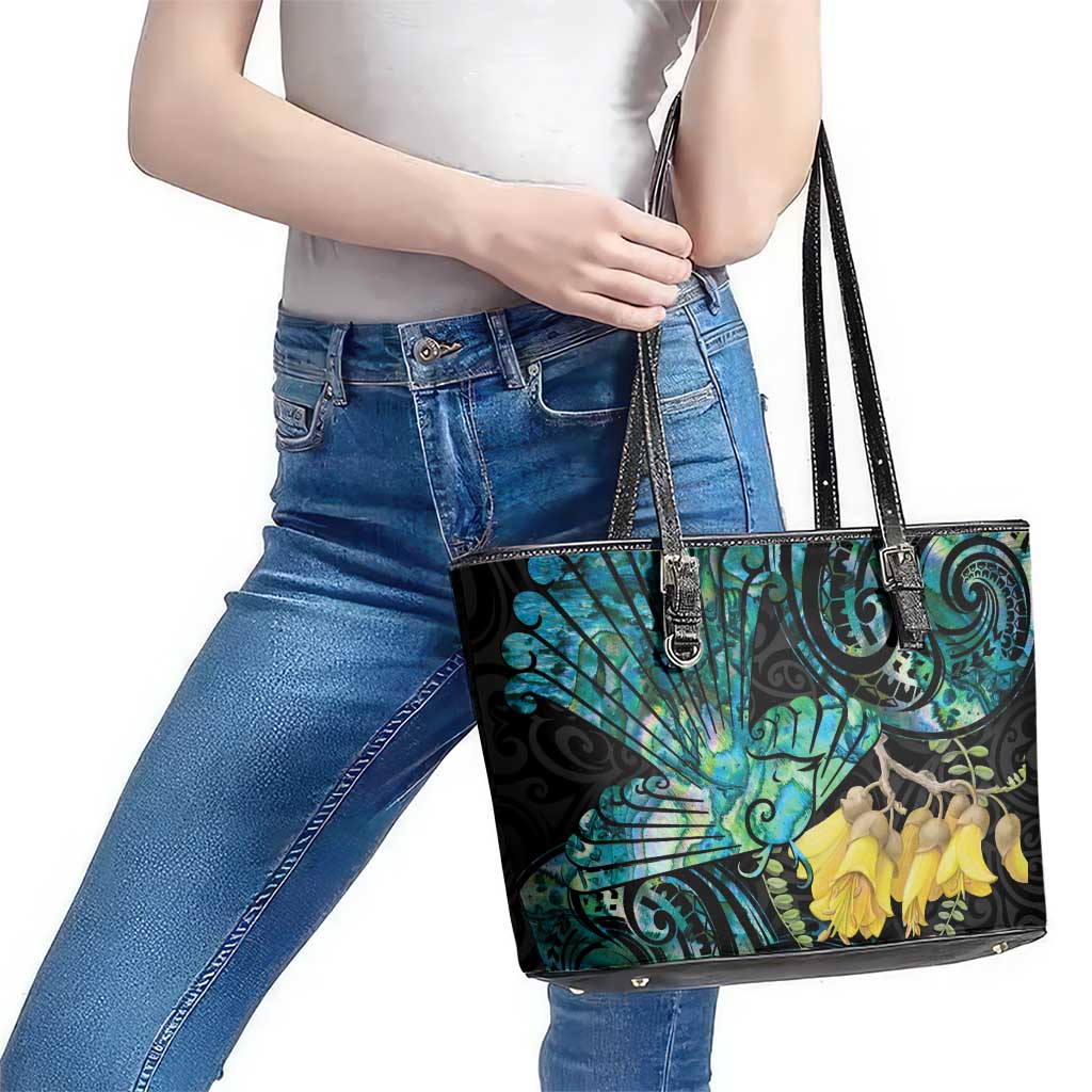 New Zealand Fantail Bird Leather Tote Bag Maori Piwakawaka Kowhai - Paua Shell Pattern LT14 - Polynesian Pride