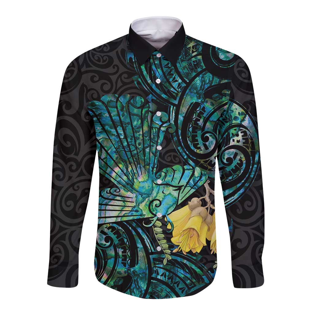 New Zealand Fantail Bird Long Sleeve Button Shirt Maori Piwakawaka Kowhai - Paua Shell Pattern LT14 Unisex Green - Polynesian Pride