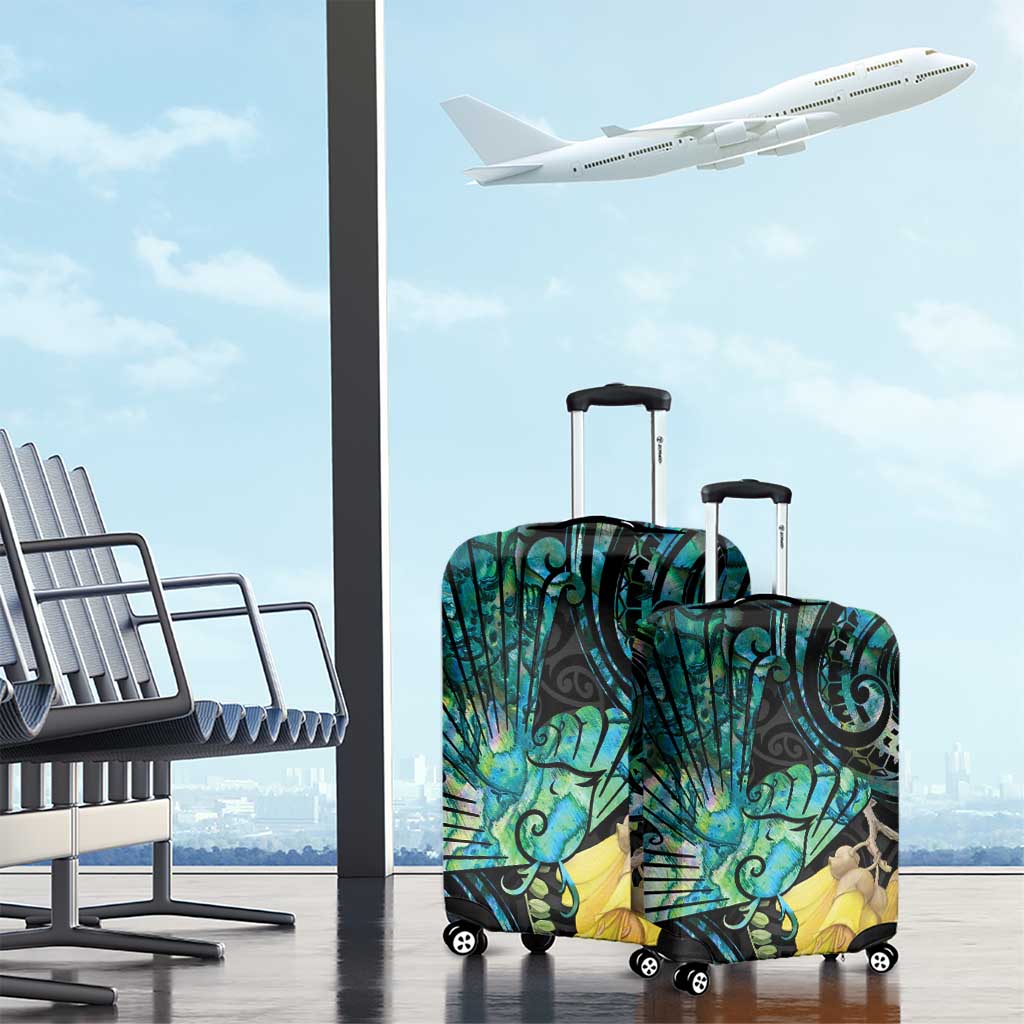 New Zealand Fantail Bird Luggage Cover Maori Piwakawaka Kowhai - Paua Shell Pattern