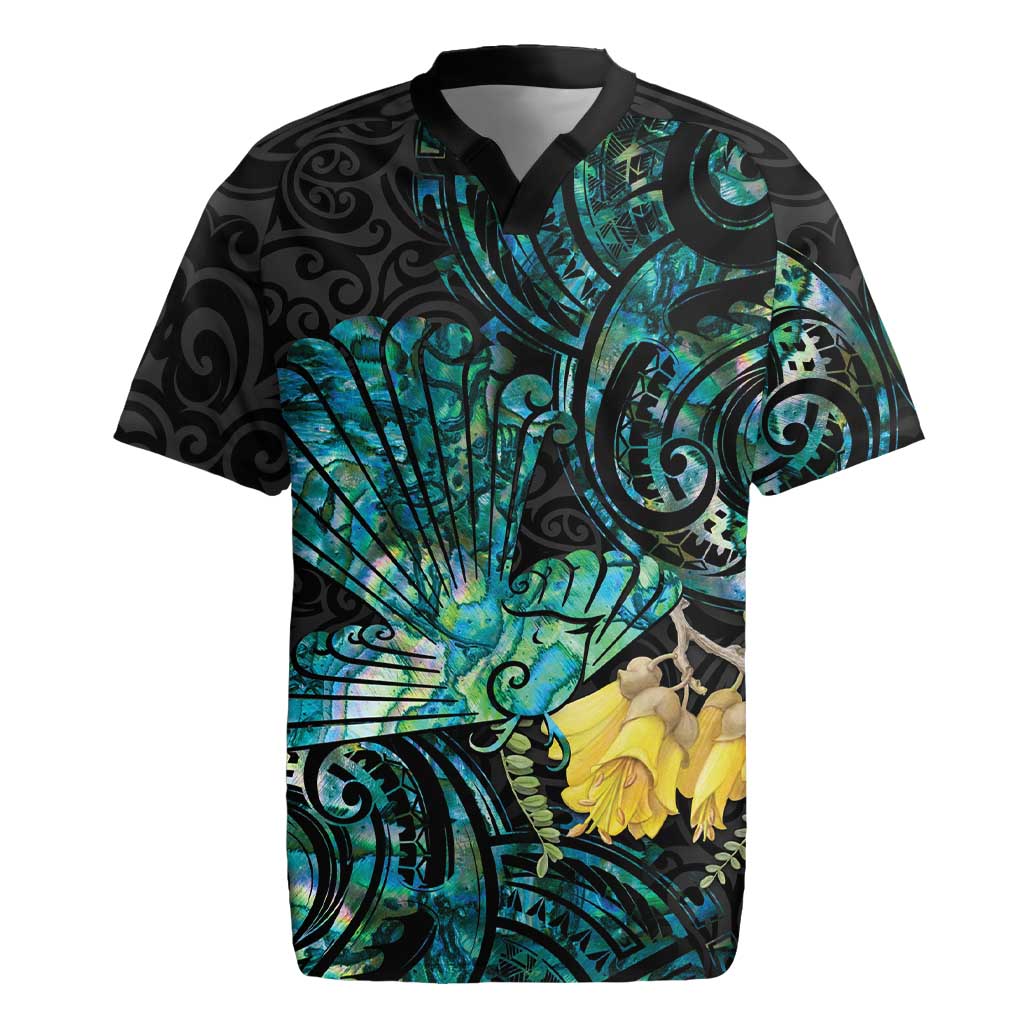 New Zealand Fantail Bird Rugby Jersey Maori Piwakawaka Kowhai - Paua Shell Pattern