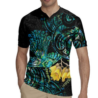 New Zealand Fantail Bird Rugby Jersey Maori Piwakawaka Kowhai - Paua Shell Pattern