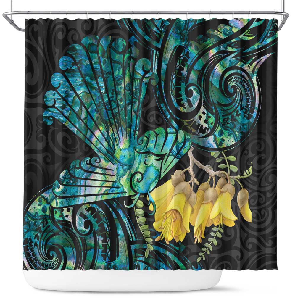 New Zealand Fantail Bird Shower Curtain Maori Piwakawaka Kowhai - Paua Shell Pattern