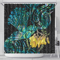 New Zealand Fantail Bird Shower Curtain Maori Piwakawaka Kowhai - Paua Shell Pattern LT14 - Polynesian Pride