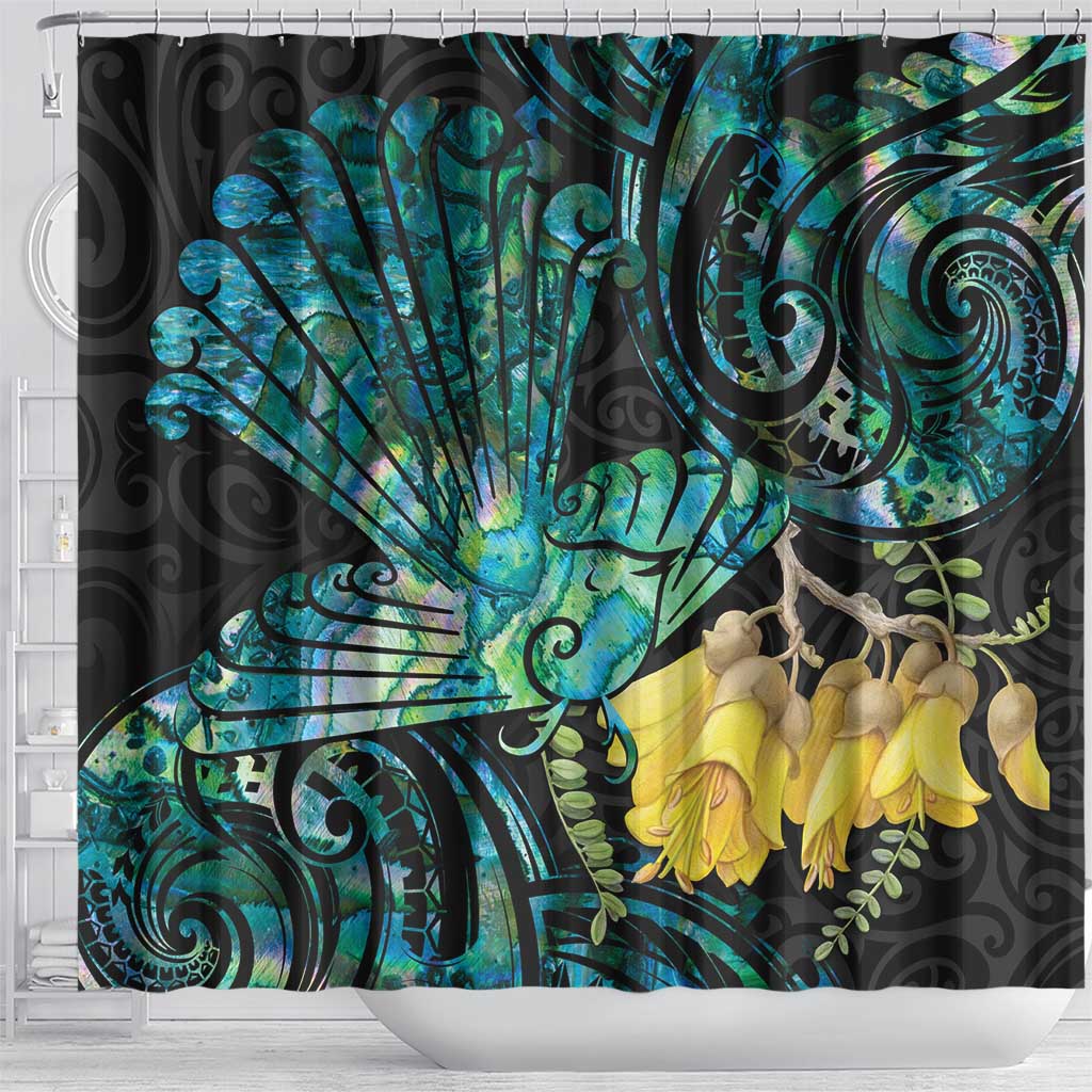 New Zealand Fantail Bird Shower Curtain Maori Piwakawaka Kowhai - Paua Shell Pattern LT14 - Polynesian Pride
