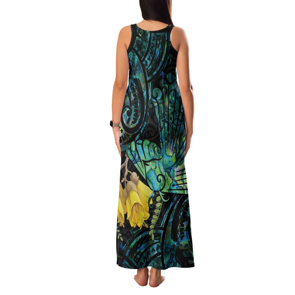 New Zealand Fantail Bird Tank Maxi Dress Maori Piwakawaka Kowhai - Paua Shell Pattern