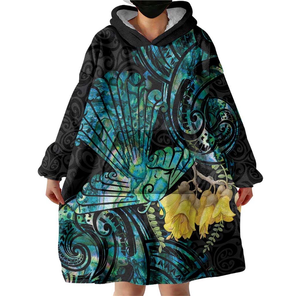 New Zealand Fantail Bird Wearable Blanket Hoodie Maori Piwakawaka Kowhai - Paua Shell Pattern