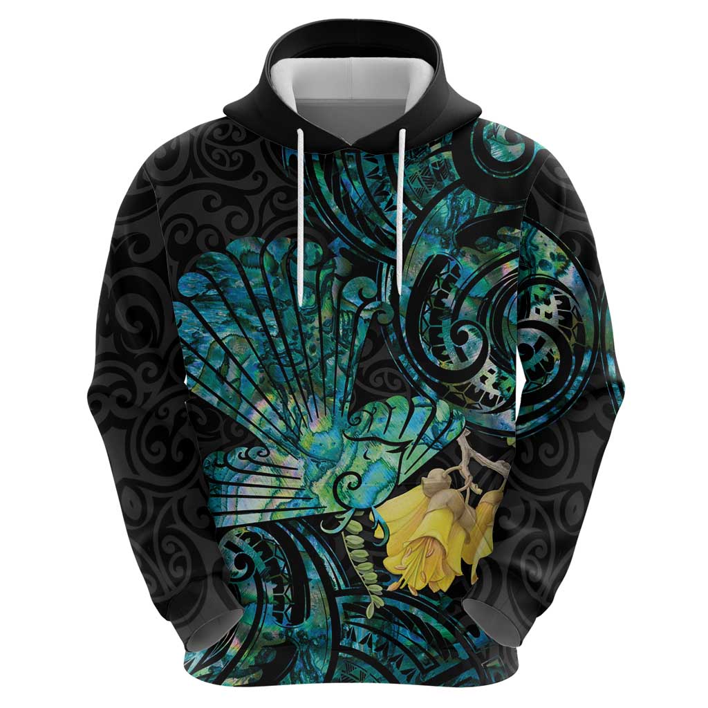 New Zealand Fantail Bird Zip Hoodie Maori Piwakawaka Kowhai - Paua Shell Pattern