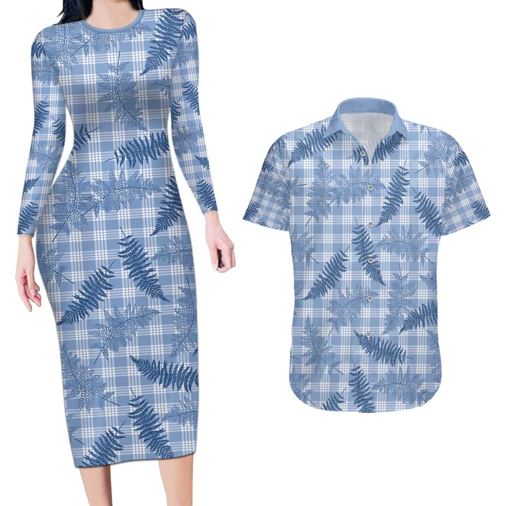 Blue Palaka Hawaii Palapalai Couples Matching Long Sleeve Bodycon Dress and Hawaiian Shirt Hawaiian Fern - Polynesian Pride