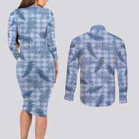 Blue Palaka Hawaii Palapalai Couples Matching Long Sleeve Bodycon Dress and Long Sleeve Button Shirt Hawaiian Fern - Polynesian Pride