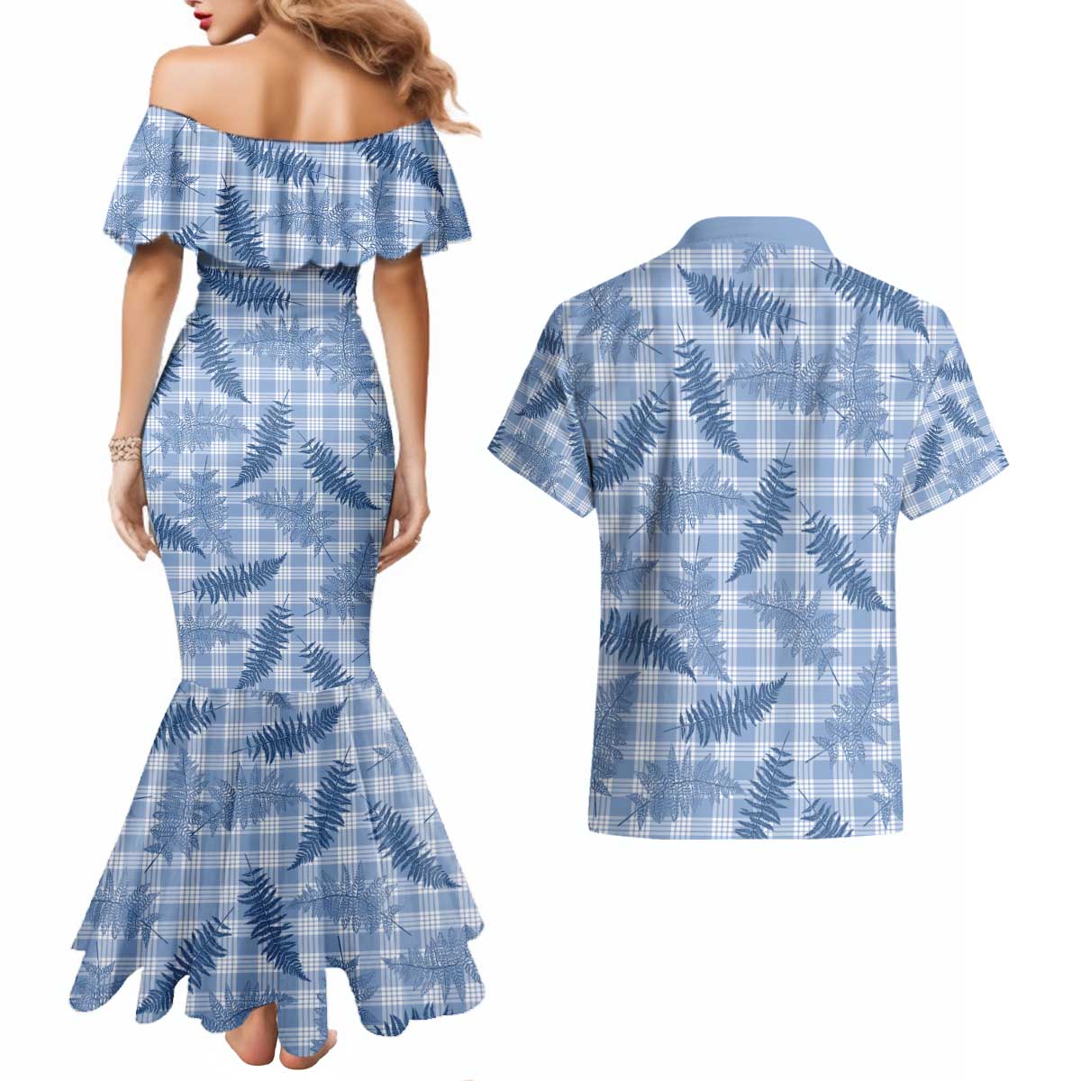 Blue Palaka Hawaii Palapalai Couples Matching Mermaid Dress and Hawaiian Shirt Hawaiian Fern - Polynesian Pride