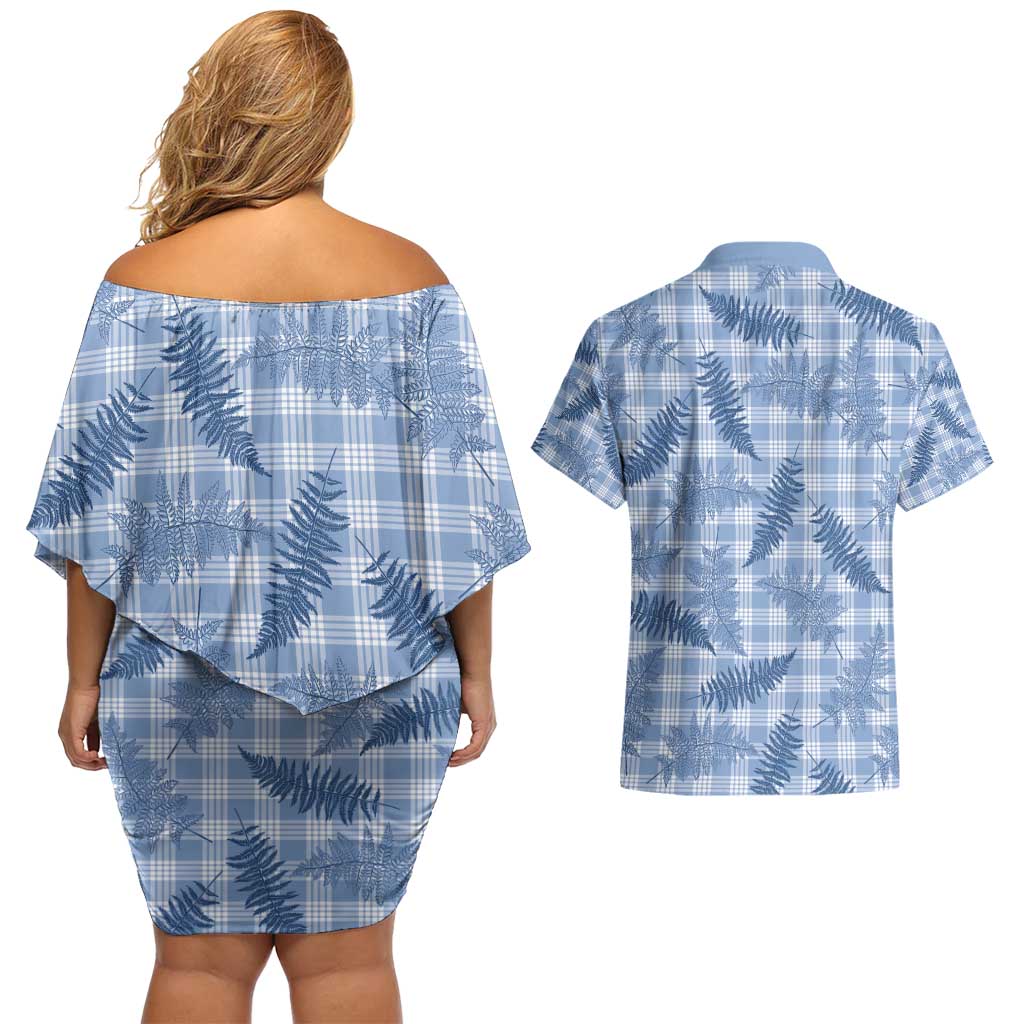 Blue Palaka Hawaii Palapalai Couples Matching Off Shoulder Short Dress and Hawaiian Shirt Hawaiian Fern - Polynesian Pride