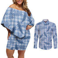 Blue Palaka Hawaii Palapalai Couples Matching Off Shoulder Short Dress and Long Sleeve Button Shirt Hawaiian Fern - Polynesian Pride