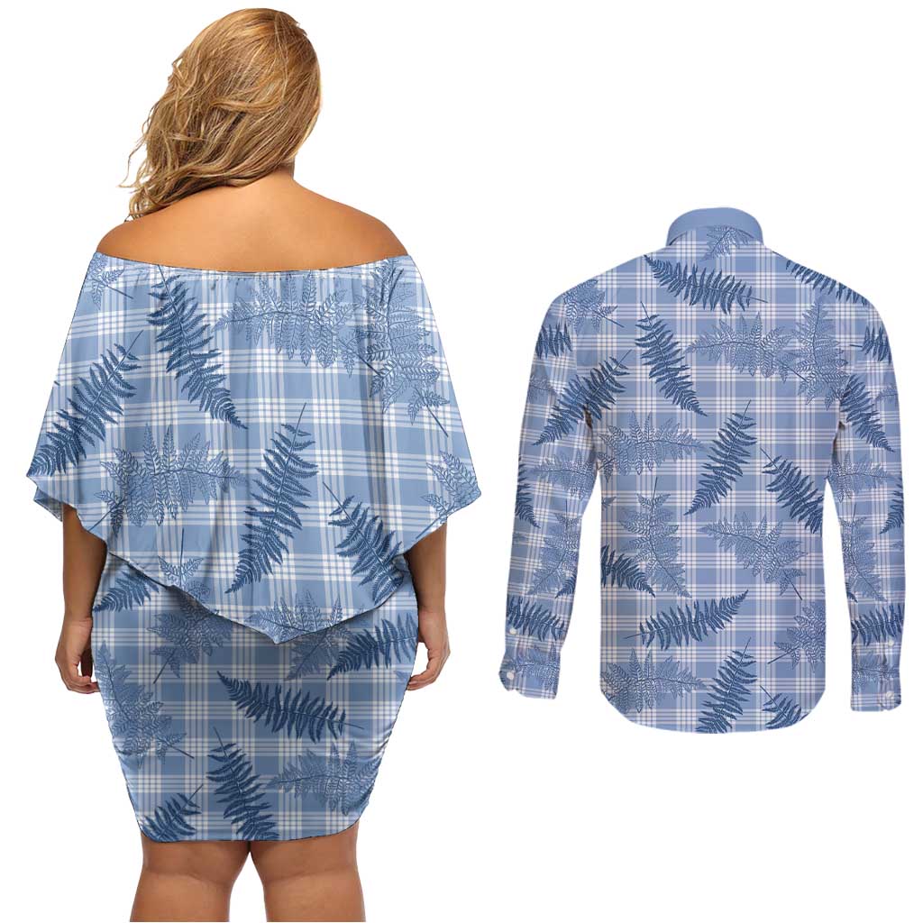 Blue Palaka Hawaii Palapalai Couples Matching Off Shoulder Short Dress and Long Sleeve Button Shirt Hawaiian Fern - Polynesian Pride