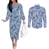 Blue Palaka Hawaii Palapalai Couples Matching Off The Shoulder Long Sleeve Dress and Long Sleeve Button Shirt Hawaiian Fern - Polynesian Pride
