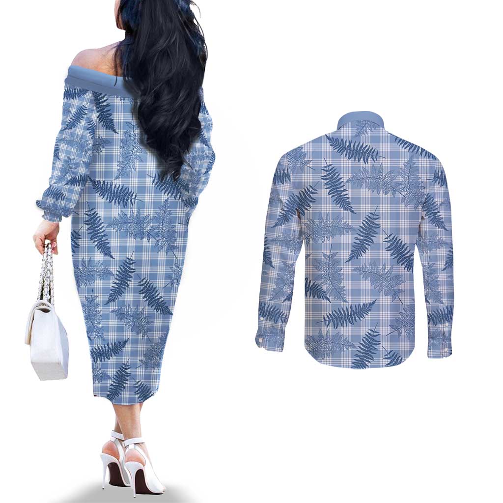 Blue Palaka Hawaii Palapalai Couples Matching Off The Shoulder Long Sleeve Dress and Long Sleeve Button Shirt Hawaiian Fern - Polynesian Pride