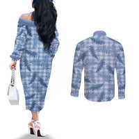 Blue Palaka Hawaii Palapalai Couples Matching Off The Shoulder Long Sleeve Dress and Long Sleeve Button Shirt Hawaiian Fern - Polynesian Pride