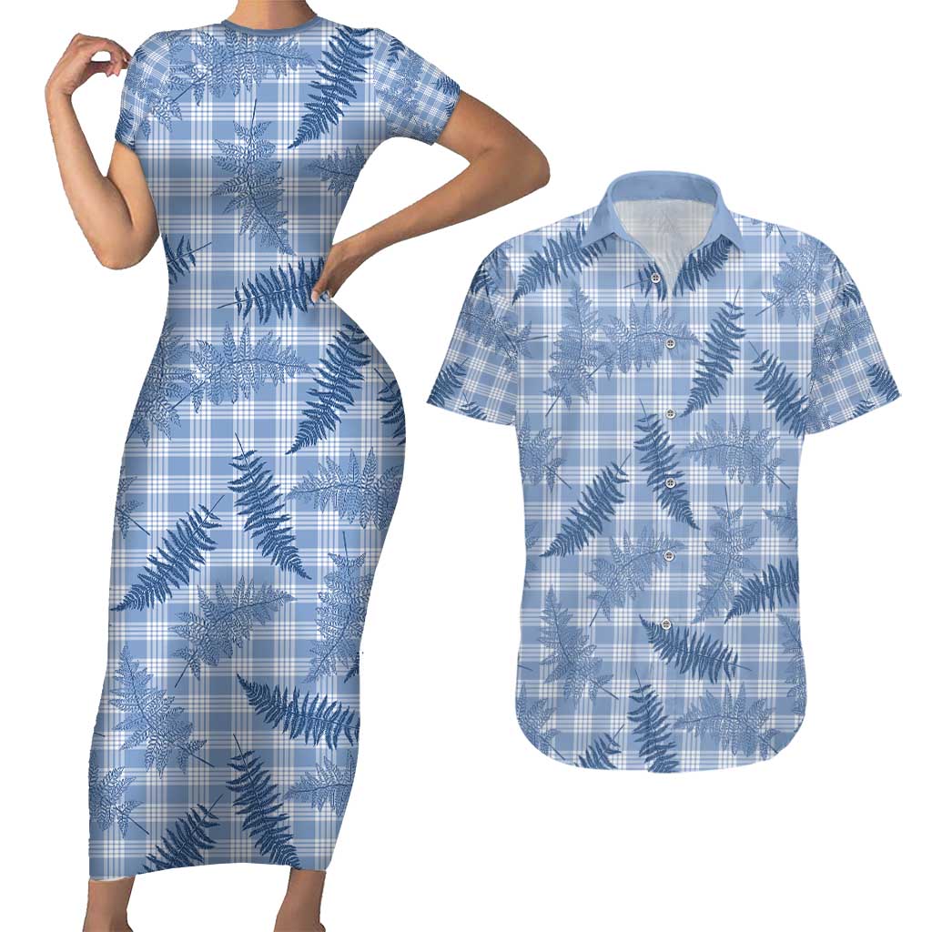 Blue Palaka Hawaii Palapalai Couples Matching Short Sleeve Bodycon Dress and Hawaiian Shirt Hawaiian Fern - Polynesian Pride