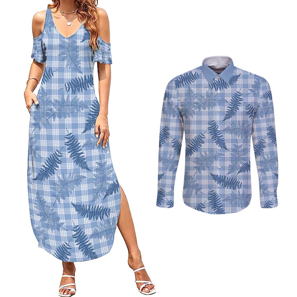 Blue Palaka Hawaii Palapalai Couples Matching Summer Maxi Dress and Long Sleeve Button Shirt Hawaiian Fern - Polynesian Pride