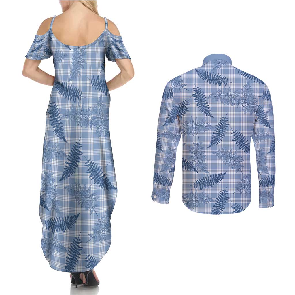 Blue Palaka Hawaii Palapalai Couples Matching Summer Maxi Dress and Long Sleeve Button Shirt Hawaiian Fern - Polynesian Pride