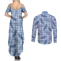 Blue Palaka Hawaii Palapalai Couples Matching Summer Maxi Dress and Long Sleeve Button Shirt Hawaiian Fern - Polynesian Pride
