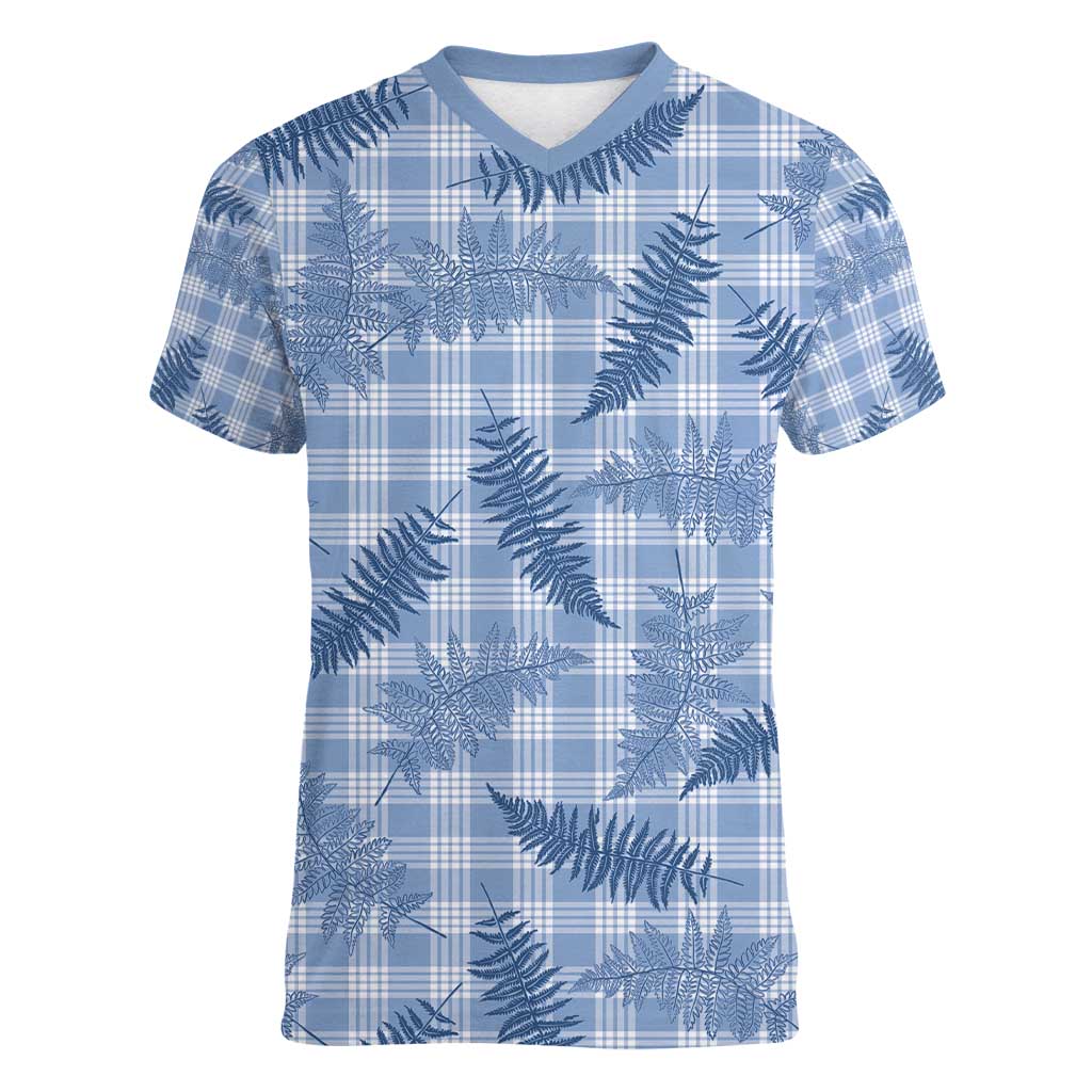 Blue Palaka Hawaii Palapalai Women V-Neck T-Shirt Hawaiian Fern - Polynesian Pride