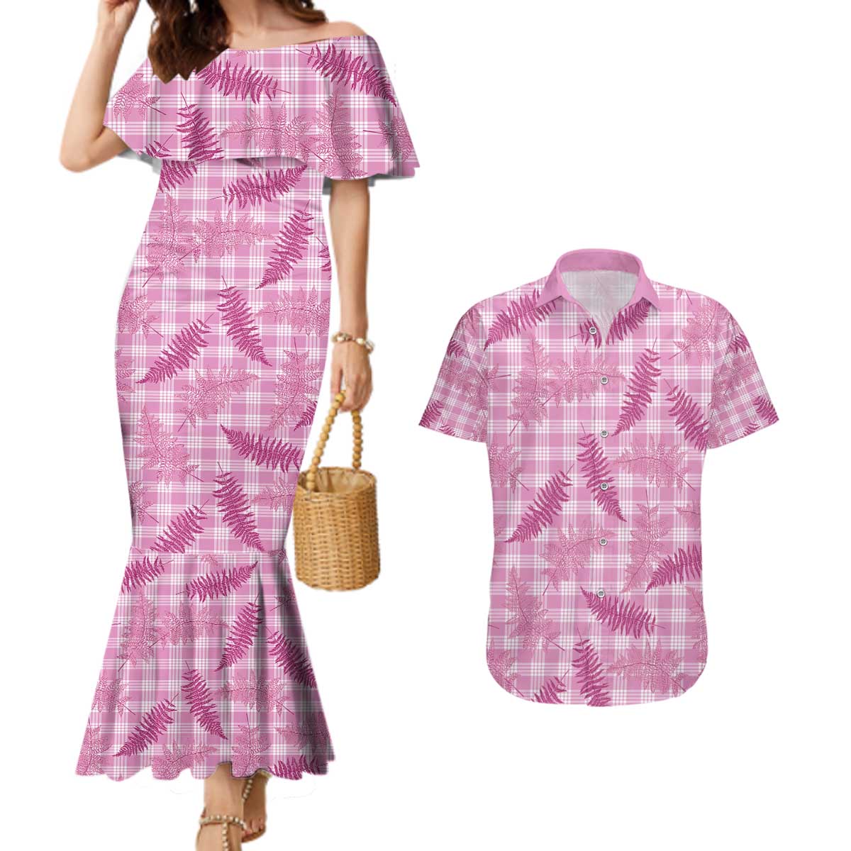 Purple Palaka Hawaii Palapalai Couples Matching Mermaid Dress and Hawaiian Shirt Hawaiian Fern - Polynesian Pride